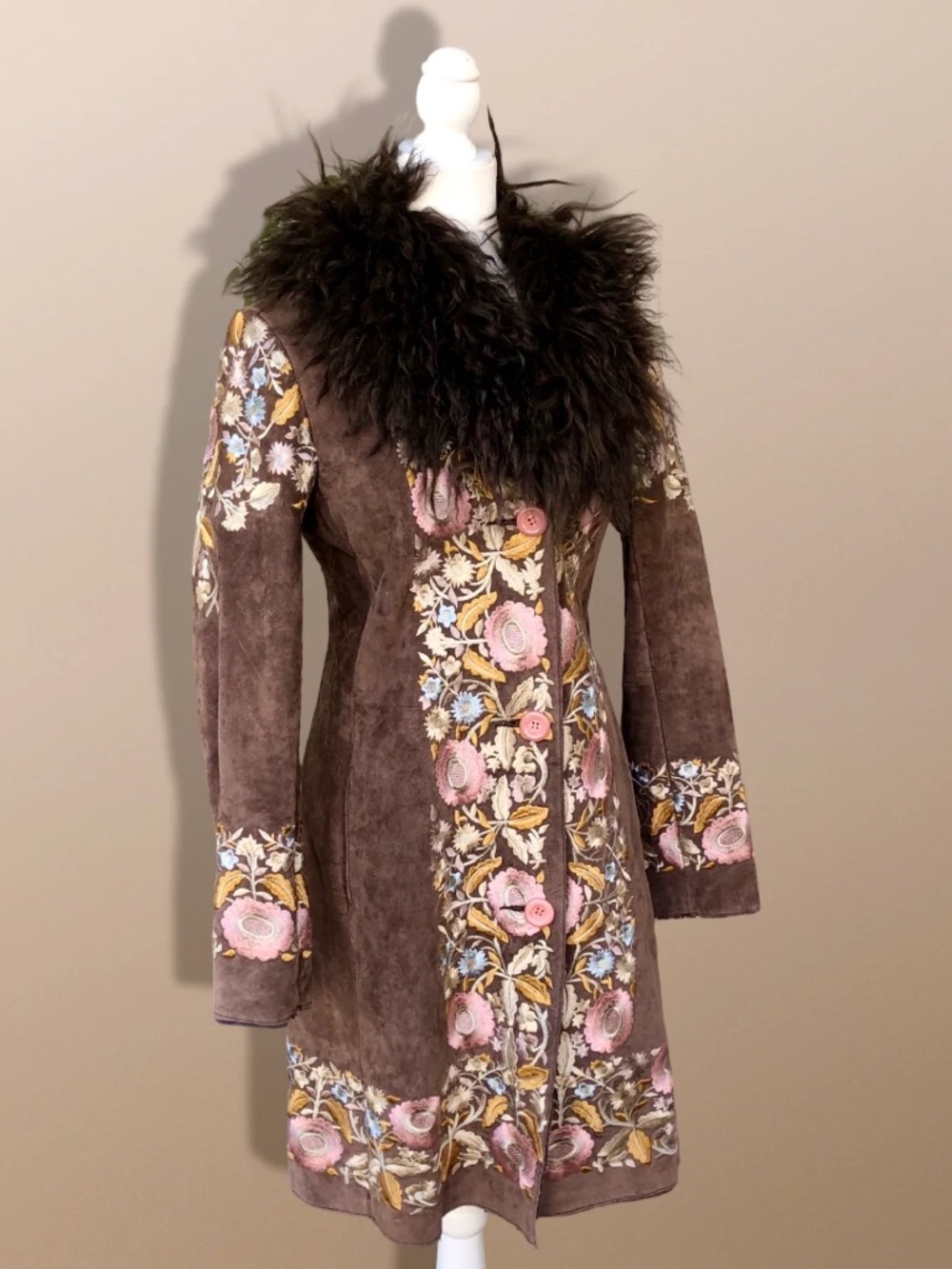 Vintage Deadstock Embroidered Pink Floral Brown Suede and Mongolian Lamb Coat Sm